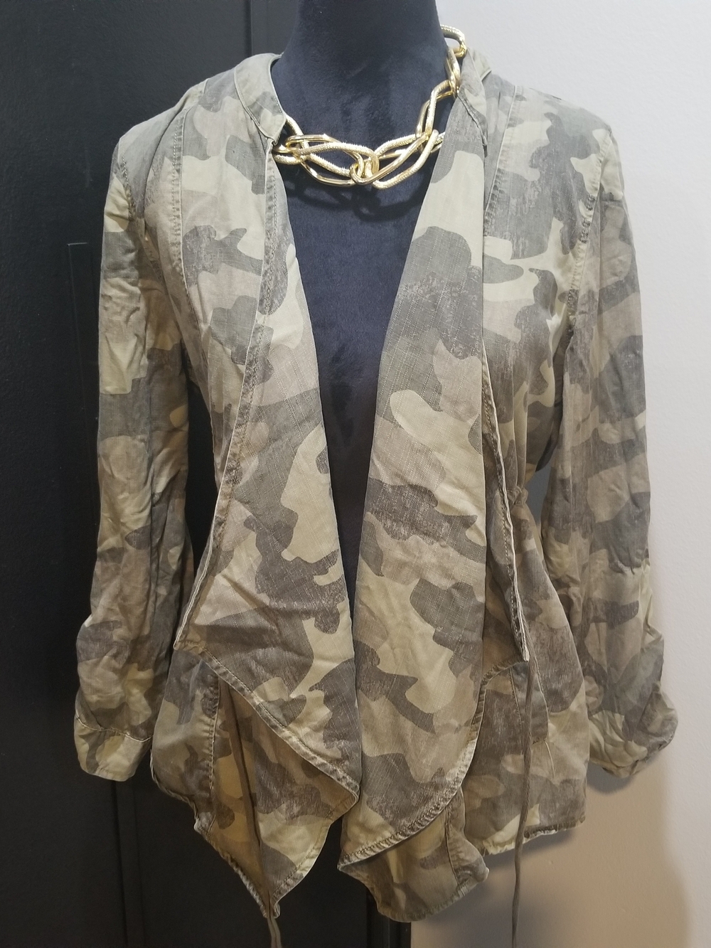 Camouflage Draped Open-Front Jacket - Olive Camo